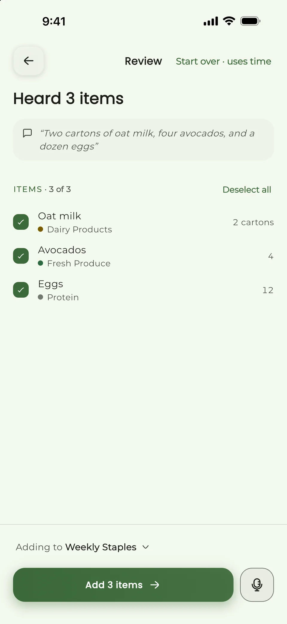 Recognized oat milk, avocados, and eggs ready for review in ListAIse